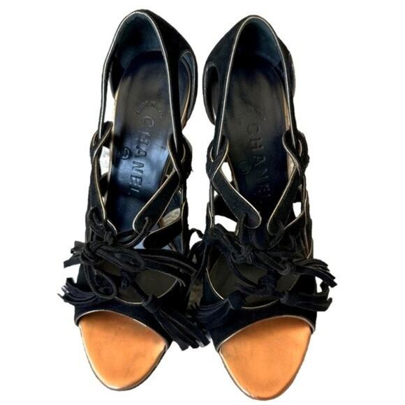 CHANEL Black Suede Tassel Lace Open Toe Heel Sandal IT 36 - Picture 4 of 14